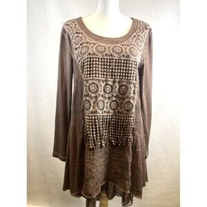 Pretty Angel Brown Crochet Lace Lagenlook Tunic Top Split Back Long Sleeve M